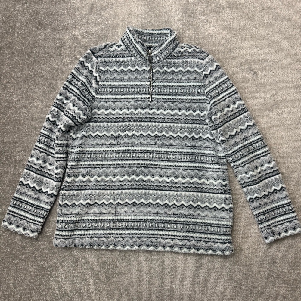 Chico’s Jacket Womens Size 1 (Medium) Light Blue Striped Soft Fuzzy Cozy Fleece
